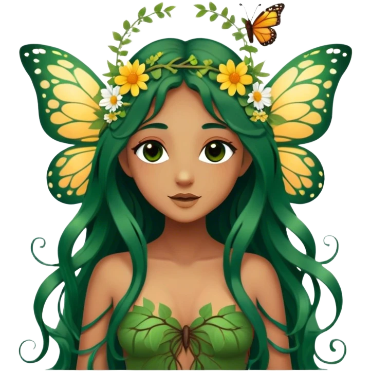 Cinematic Realistic Forest Nymph Fairy portrait, with butterfly wings and depicted with lifelike, sun-kissed tanned skin that radiates an earthy glow, softly illuminated by natural, dappled light. Her long, flowing dark green hair is intricately detailed and interwoven with delicate vines and wildflowers, while her deep, soulful eyes mirror the wisdom of the forest. Dressed in an attire inspired by nature’s palette—with subtle botanical motifs—the portrait exudes a soft, enchanted glow that melds realism with woodland magic. emoji