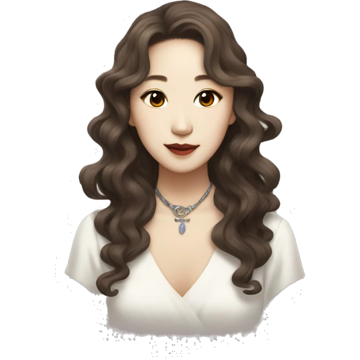 Laufey; Korean singer with wavy brown hair and coquette style emoji