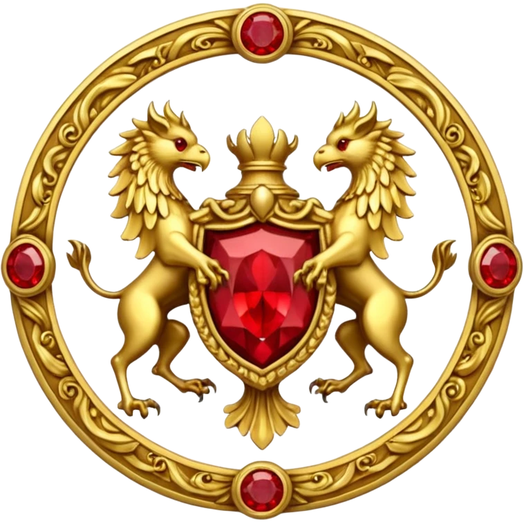 Golden griffin crest / brosch in a circle with 2 red gems and no background emoji
