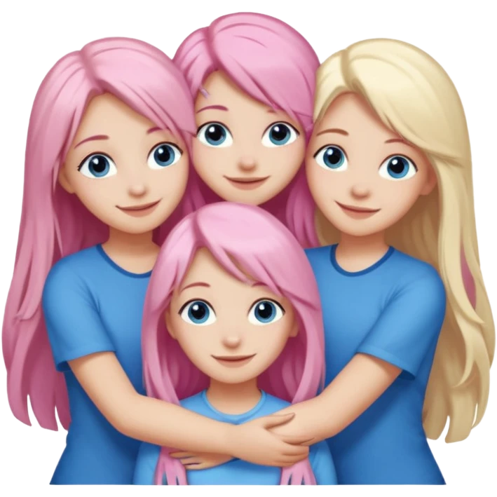 four white grips hugging and smiling    One girl with long light pink hair and blue eyes, one girl with blue eyes and light blonde hair, and 2 girls with brown eyes and long dark brown hair. emoji