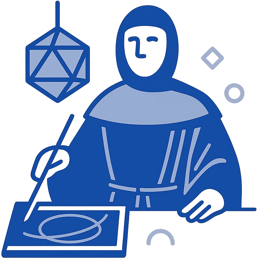 Create a flat startup logo inspired by the painting of Luca Pacioli, focusing on geometric shapes and mathematical tools, but exclude the tool to his right. Use a blue color palette, keep the design simple, minimalist, modern, and iconic with geometric and mathematical motifs from the painting. emoji