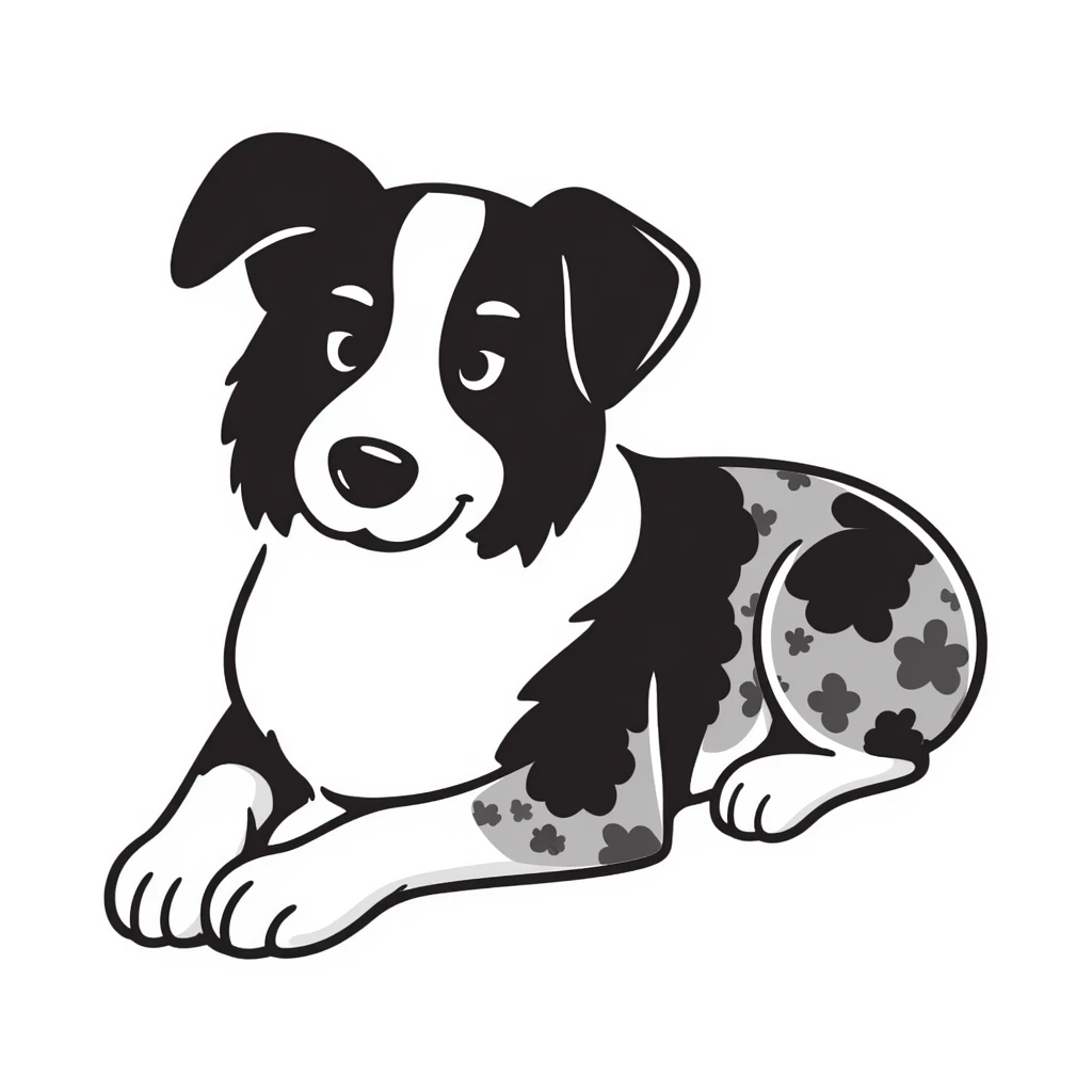 Merle Australian Shepherd dog laying down, relaxed pose, blue merle coat pattern with black and white spots emoji