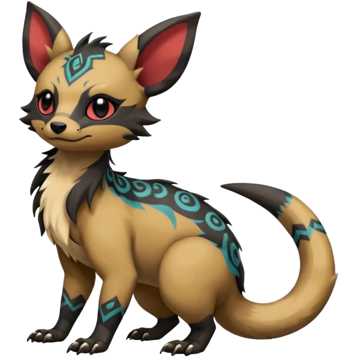 Rare warm-colored exotic cute epic aesthetic gothic colorful Salandit-Eevee-Civet-species-Fakemon-hybrid-creature, with tribal tattoo markings, full body emoji