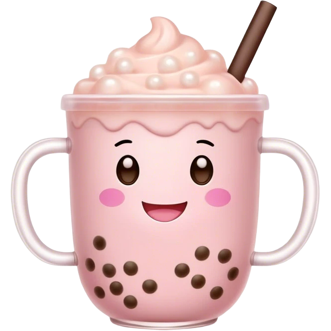 Cute Kawaii Boba Tea Cup, with a happy smiling face, chubby round shape, pastel pink and brown colors, soft glowing highlights, adorable tapioca pearls floating inside, sparkling eyes full of joy! emoji