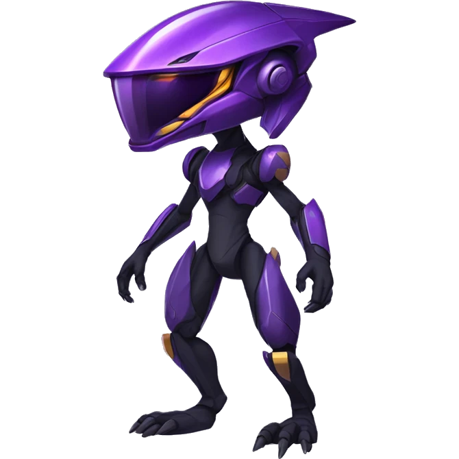 a shiny black-purple Genesect-Raptor-Fakémon—hybrid with a futuristic visor-helmet full body emoji