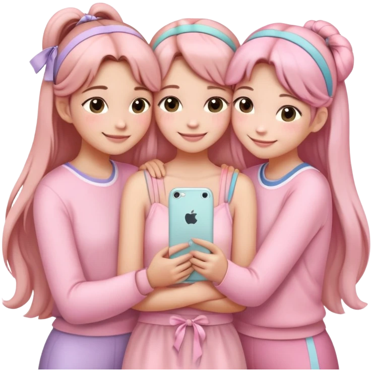 "Four girls hugging each other, all wearing soft pink clothes, two with long hair and two with shoulder-length short hair, smiling, cute iPhone emoji style, with hair accessories like headbands or ribbons, pastel color palette, soft shading, white background" emoji