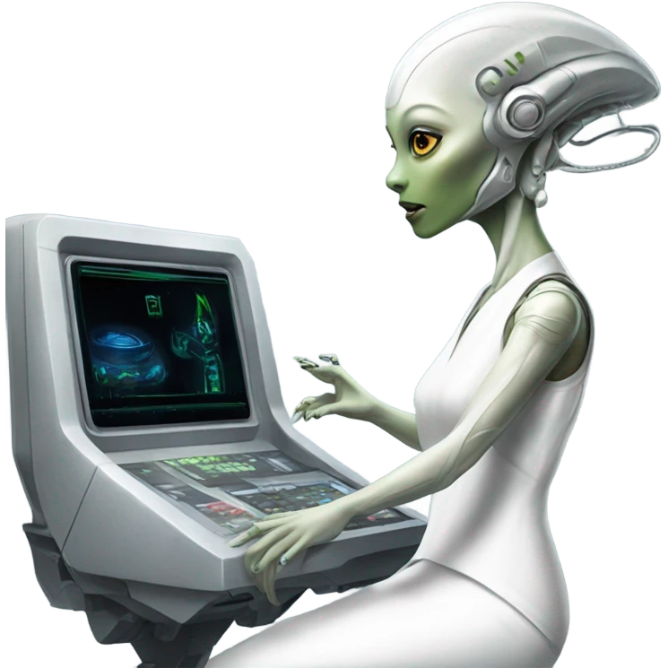  a Reptilian alien woman, in white dress, use a drive console emoji