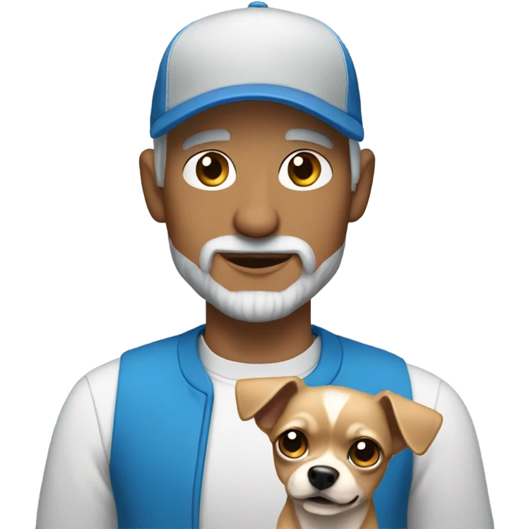 man with blue eyes gray hair and goatee wearing ball cap holding chihuahua with long black hair emoji