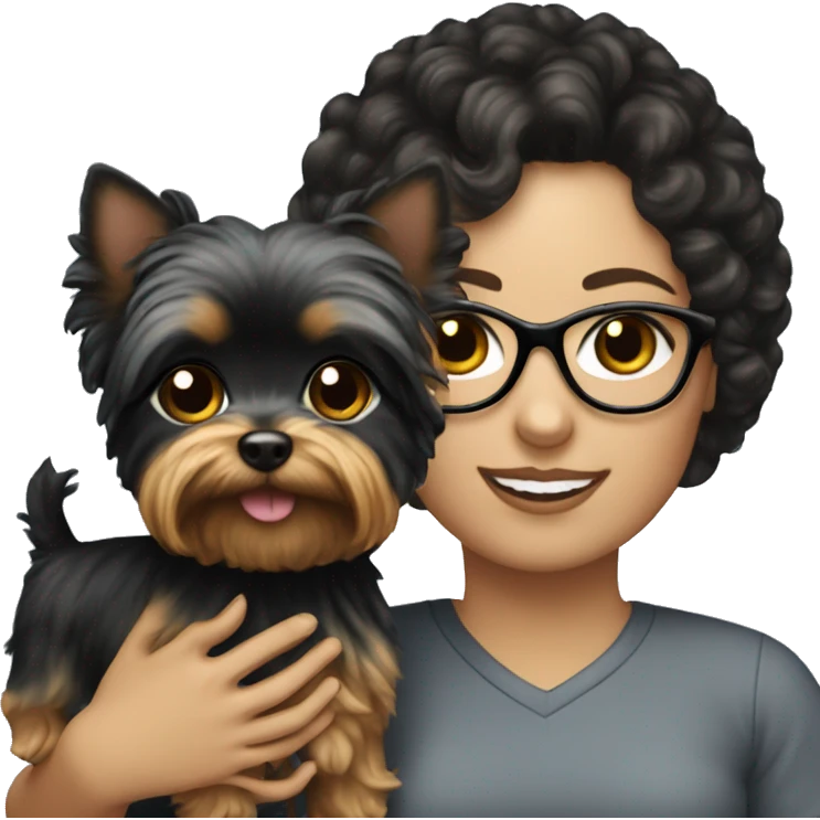 A White girl with curly black hair and glasses holding a Yorkie  emoji