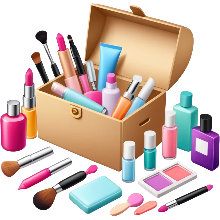 a beauty subscription box with various cosmetics and skincare items spilling out emoji