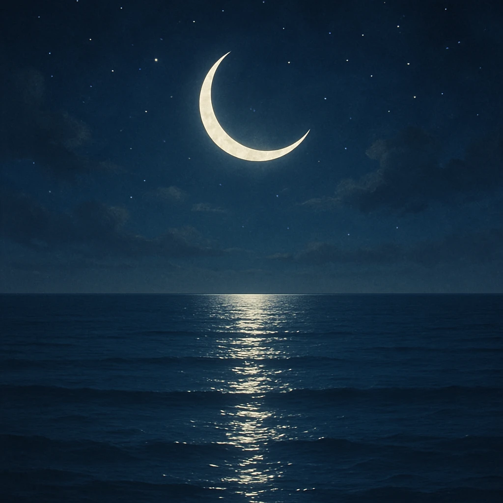 crescent moon over calm sea, moonlight glimmering on water, peaceful night, general style emoji