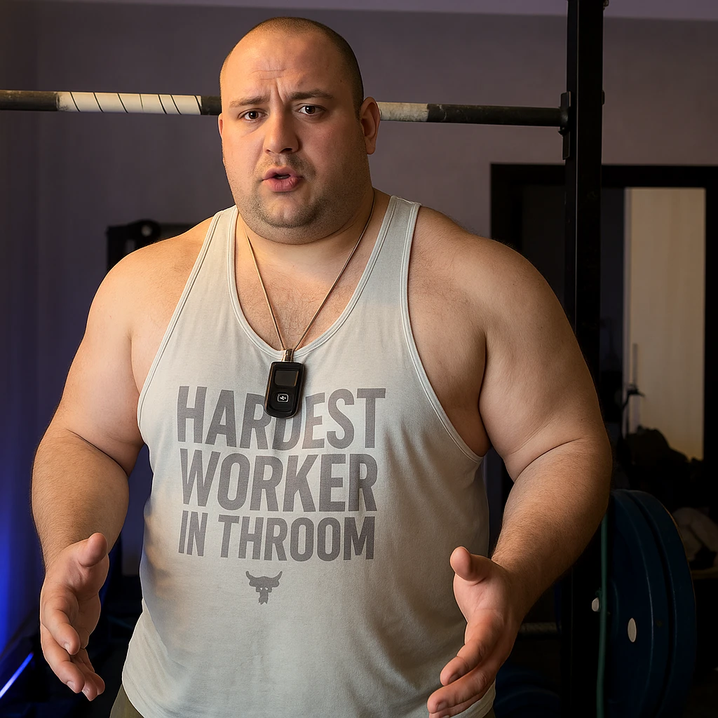 Create a realistic version of the man in the reference photo with a bodybuilder physique but a visible layer of fat on the chest and abdomen, maintaining the original pose. emoji