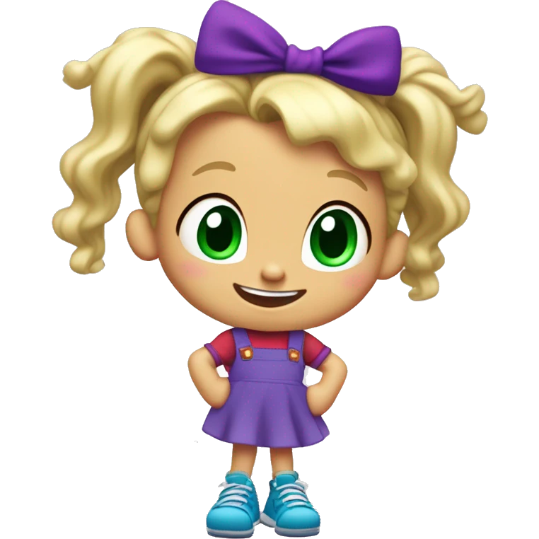 A little blonde girl with pigtails and little purple bows wearing a red long-sleeved shirt and purple overalls skirt with blue tights with green polka dots and purple sneakers, full body, rugrats emoji