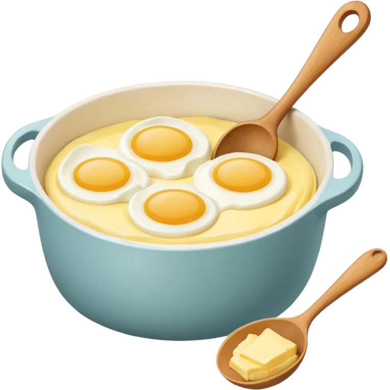 A carton of eggs, butter and a cream ceramic baking bowl with a wooden spoon in it emoji