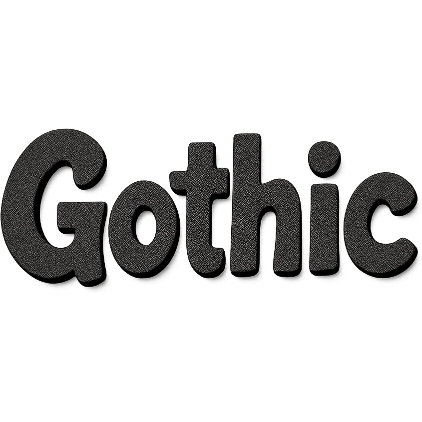 the word 'Gothic' in bold black quirky handwritten font, kawaii style, no outline, 3D paper-craft effect emoji