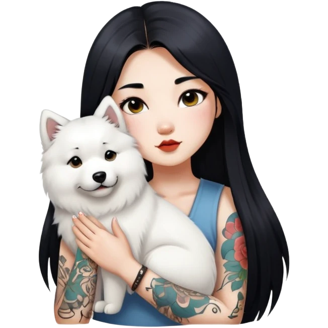 a Chinese girl with long black  straight hair and tattoos and a samoyed emoji