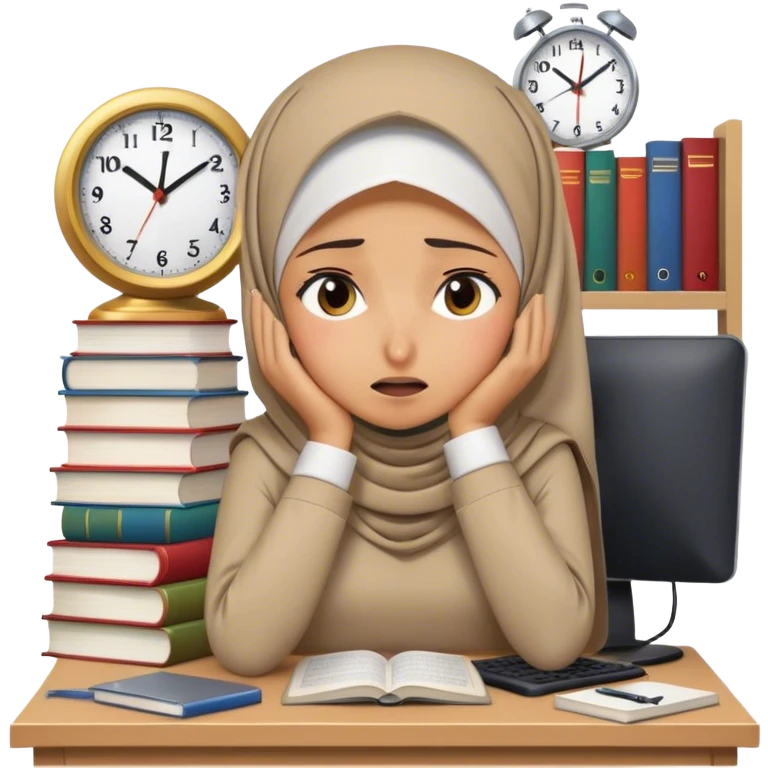 hijabi girl, books, pc, clock looking stressed, suffering and crying emoji