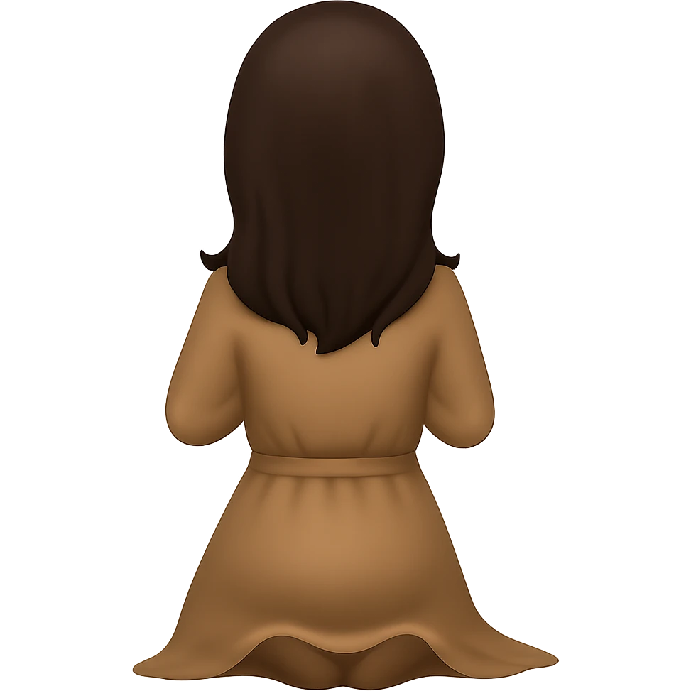 Create a third variation of a woman kneeling and praying from the back view, wearing a long tan dress, with dark brown hair, in emoji style, matching the same body figure as the reference image, with no background. emoji