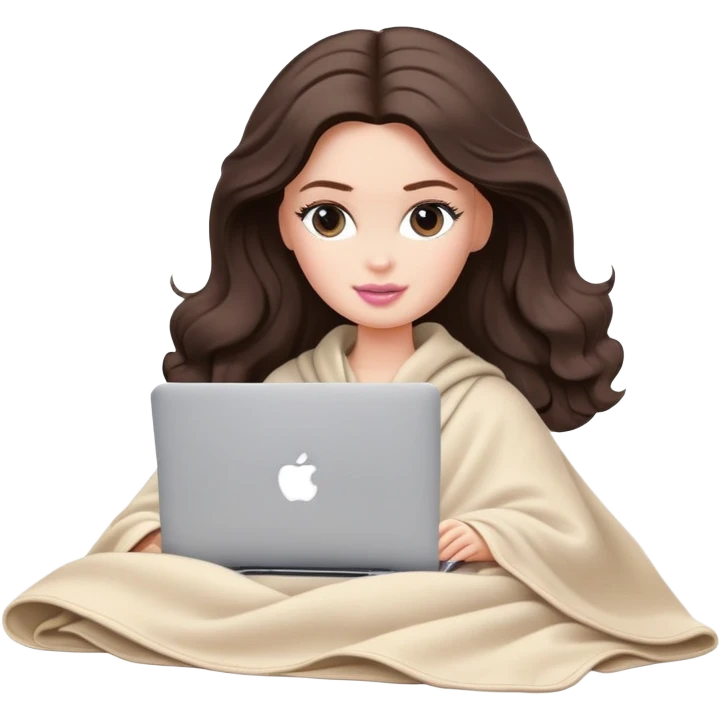 Barbie girl with a long wavy dark brown hair in pale beige clothes inside a pale beige blanket working macbook  emoji