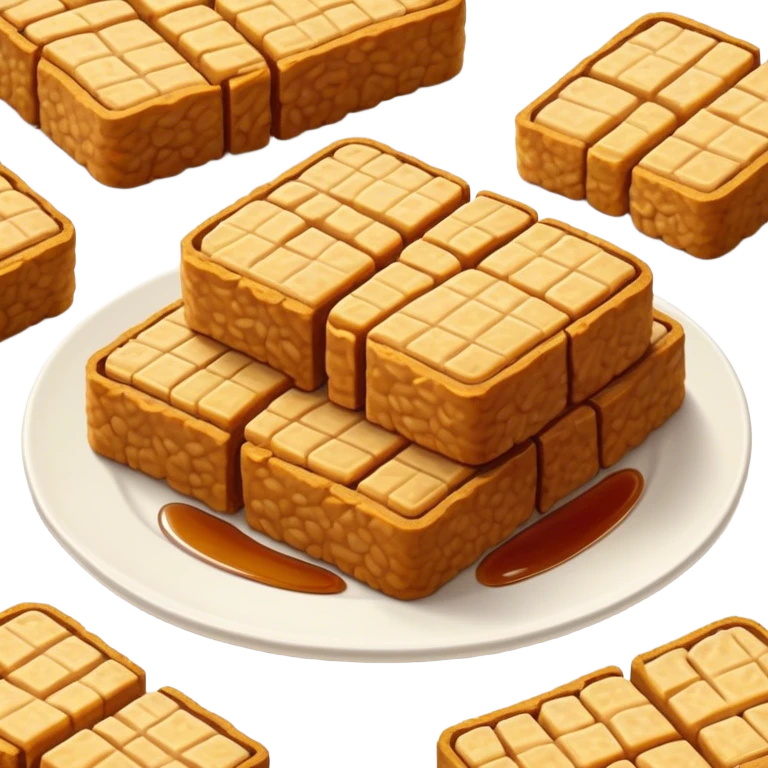 Tempeh Cinematic Realistic Tempeh Dish Emoji, depicted as crispy, sliced portions of fermented soy cake with a golden-brown finish, rendered with detailed textures and warm, inviting lighting. emoji