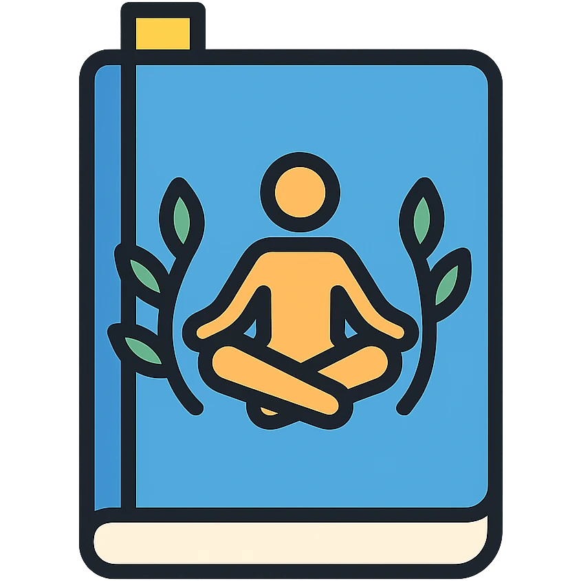 blue journal with yoga pose silhouette and leafy accents, calming fitness vibe emoji
