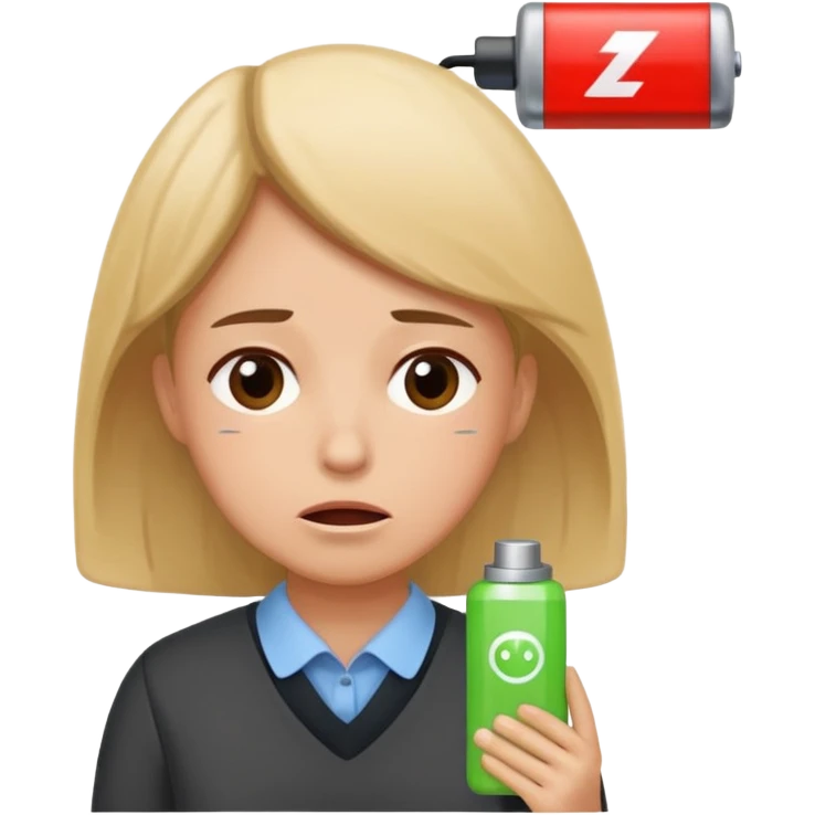 A kindergardenteacher with an empty battery icon above their head an exhausted and stressed face emoji