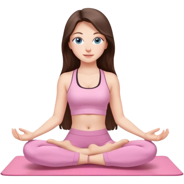 Brunette long hair and blue blue eyes yoga beautiful girl in light pink pink pink clothes sitting on a yoga mat emoji