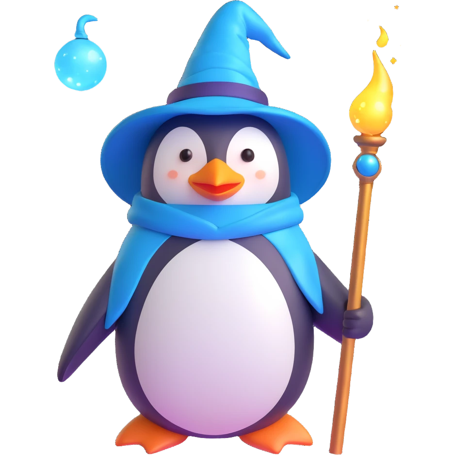 3D style penguin wizard with shiny hat and glowing staff, magical and friendly emoji