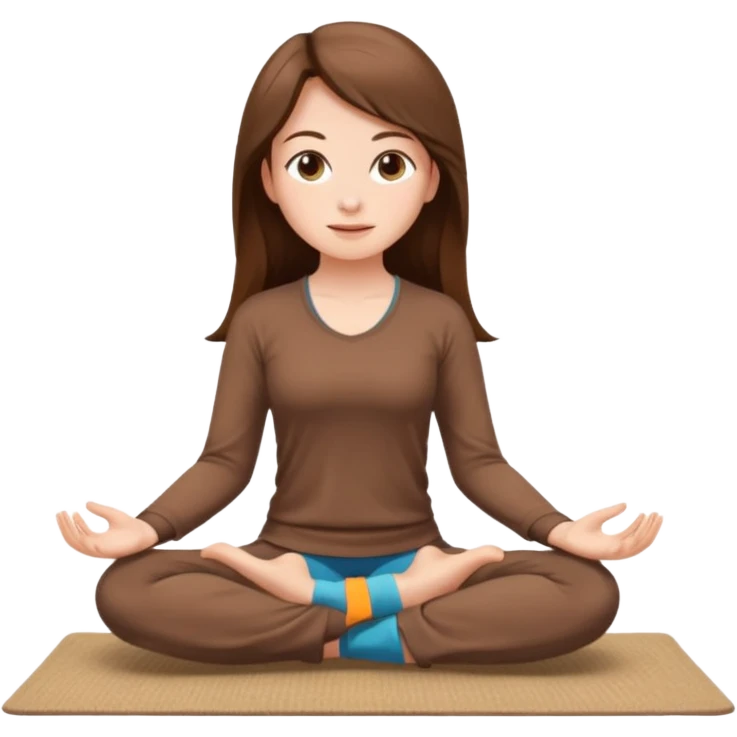 Brown long hair, white skin European girl sitting on a beige rug doing yoga, brown clothes emoji