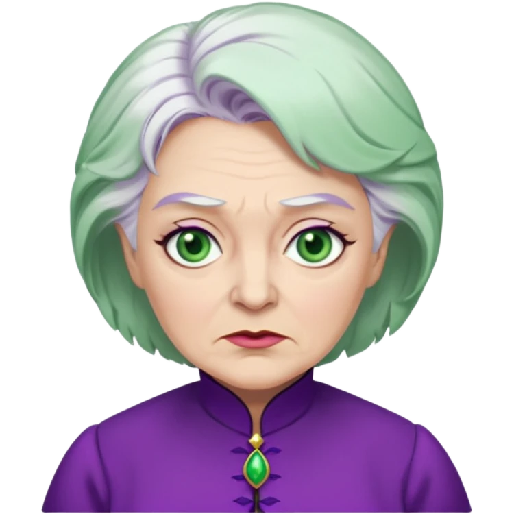Madame Morrible from Wicked with green eyes, white hair, purple outfit emoji