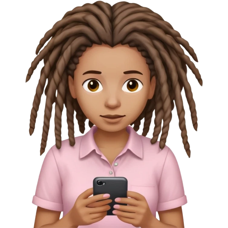 Medium brown woman with dreadlocks in Light pink shirt texting emoji
