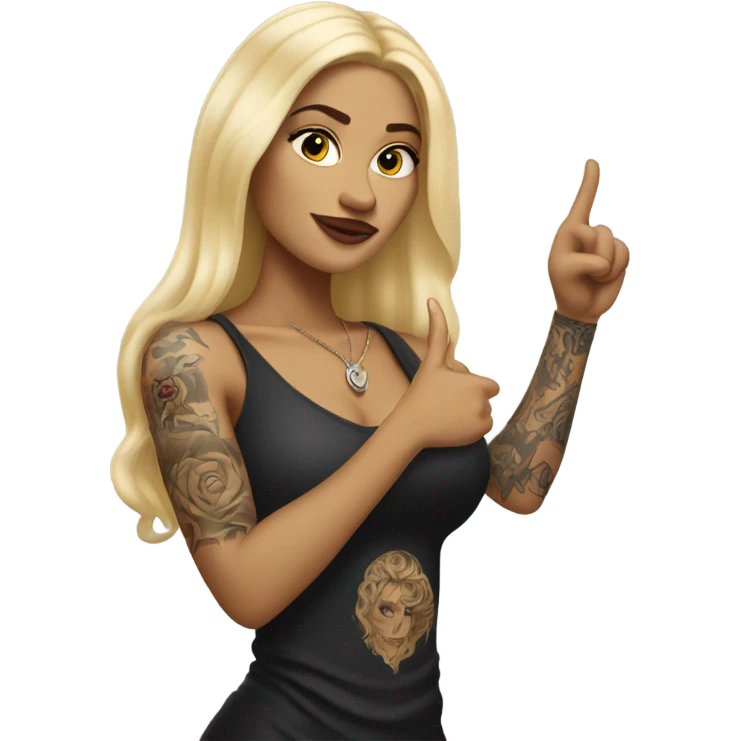 Blonde elegant women with LONG HAIR, her Body Covered with Tattoos, POINTING YOU FORWARD with her HAND with INDEX FINGER, Hyper Realistic emoji