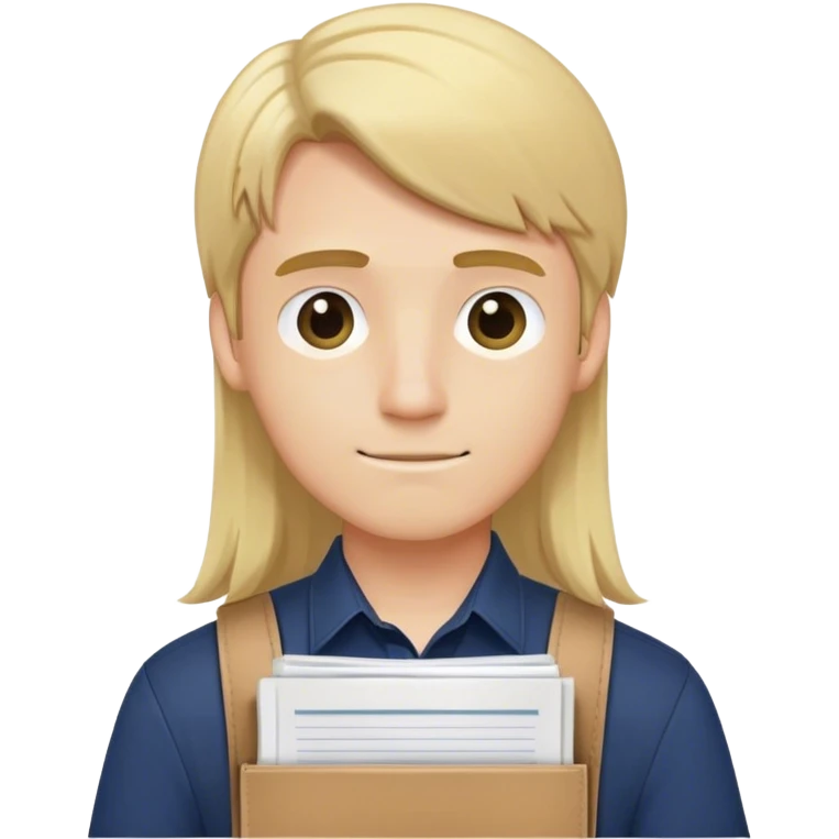 Guy with long straight blonde hair behind head and navy button up holding a school packet emoji
