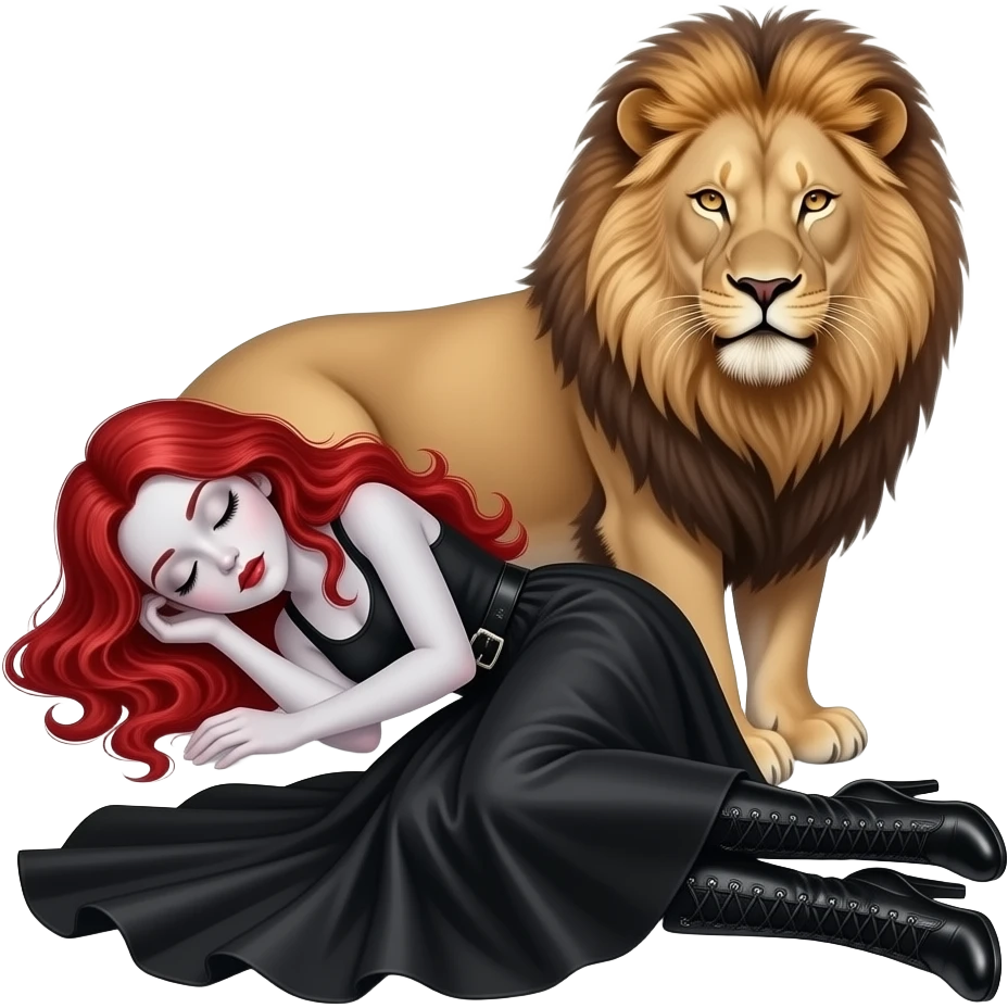 Vampiro adolescente femmina con pelle bianca e capelli rosso ondulati lunghi che indossa una gonna lunga nera e un top-canottiera nera e degli stivali lunghi neri con tacco e che sta dormendo con un leone emoji