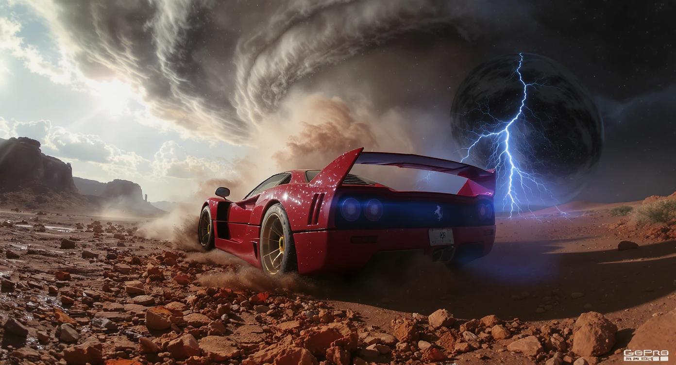 Cinematic still of a ferrari f40 around tornado od arizona desert, sun flare, big earth in background, captured by gopro hero with effect fisheye, water drops on car body, detailed emoji