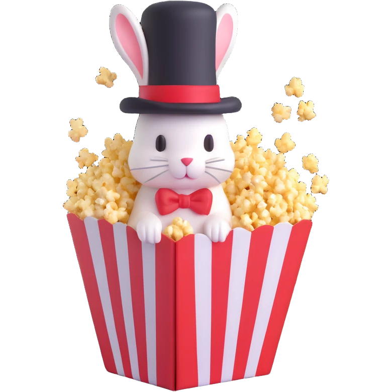striped popcorn box with a small bunny inside wearing a magician's top hat emoji