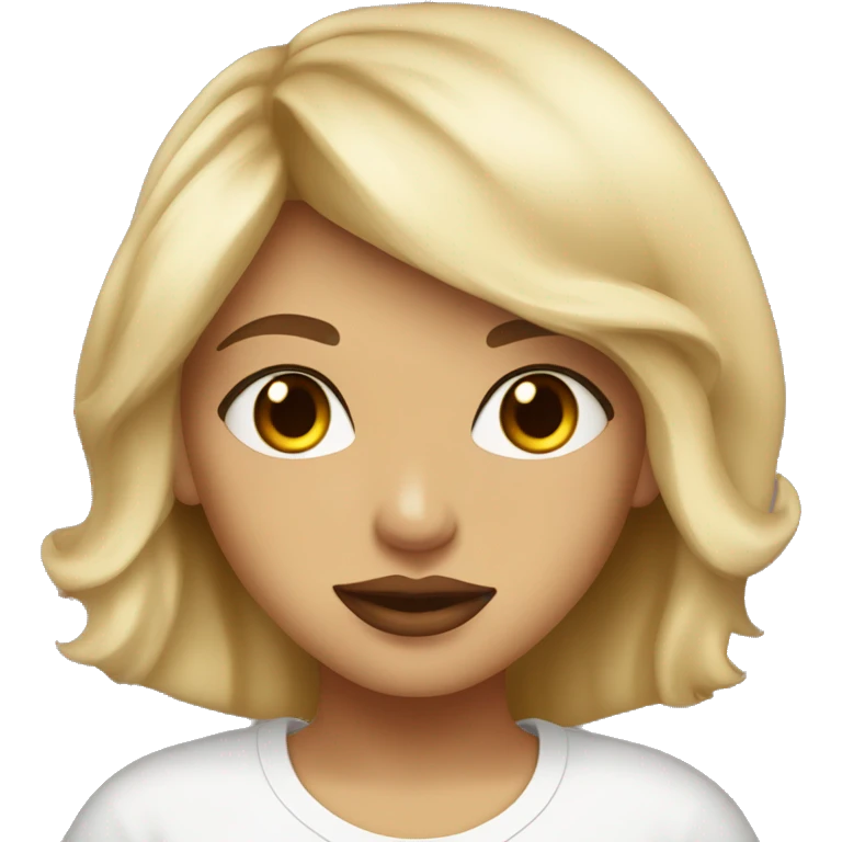 blonde girl, brown eyes, big lips, wearing t shirt that says diva on it emoji