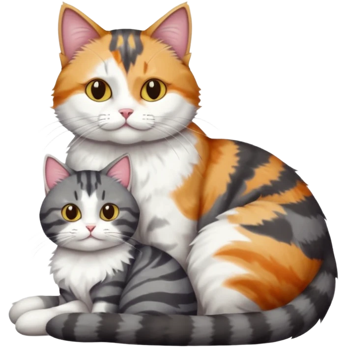 full body colourful light patched calico + white tabby cat cuddling a big dark grey and white tabby cat  emoji