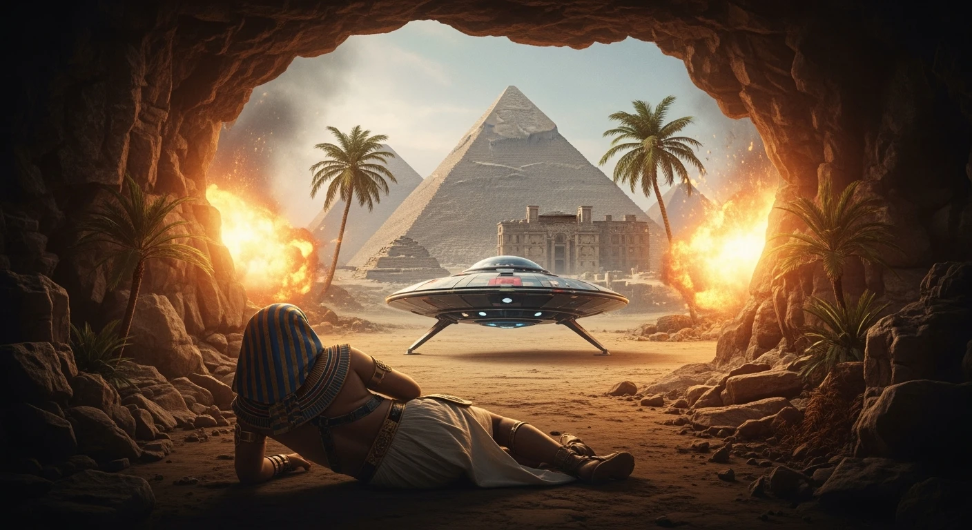 cinematic still, documentary photography, acient egypt, back shot of a man dress in ancient clothes in cave (frame in frame effect) on ground laying front of small ufo starship, explosions, palms, dynamic scane, leading lines, captured by arri alexa, depth layers, piramids in babckground emoji