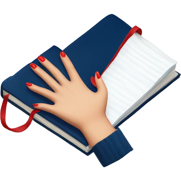 a hand with a red manicure lies on top of a dark blue diary emoji