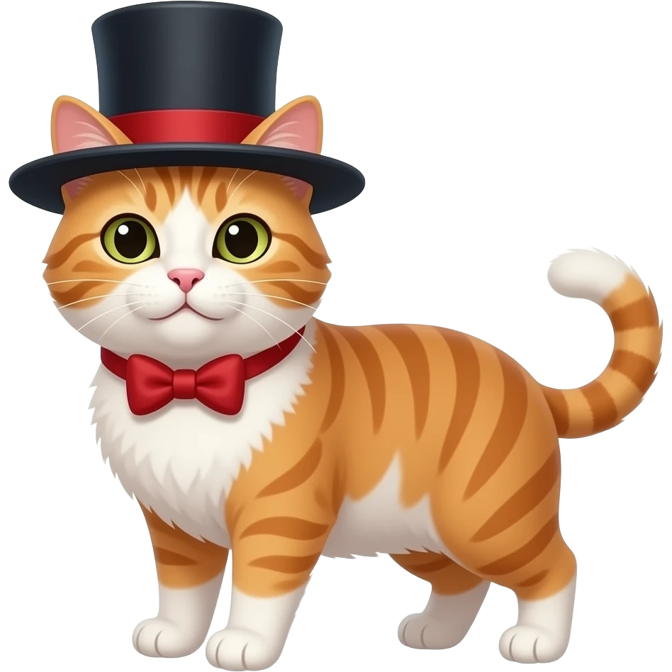 Un chat roux et blanc, avec un chapeau de magicien et un nœud papillon rouge emoji