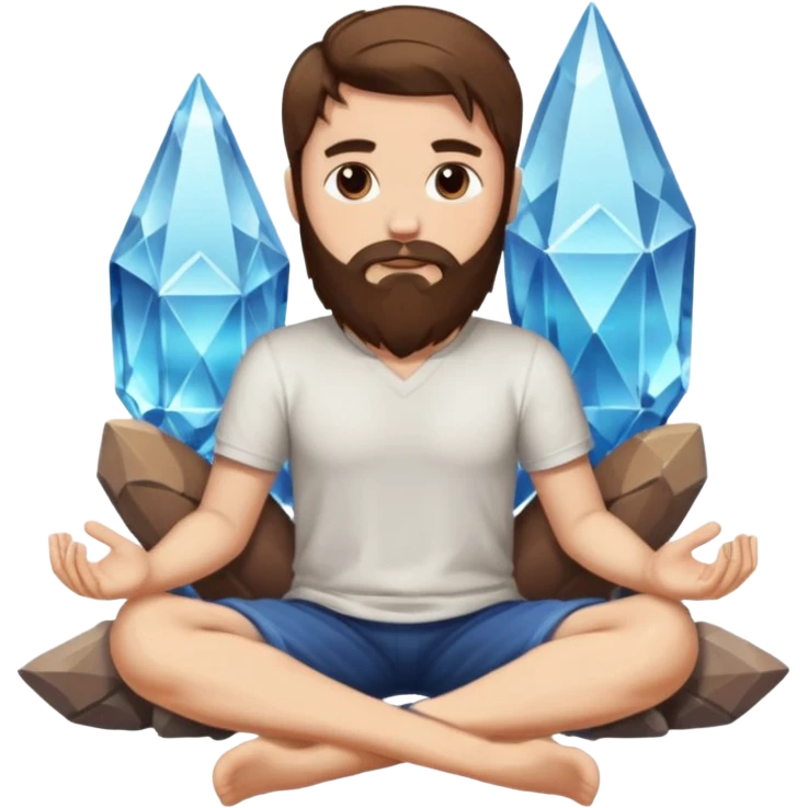 full body man long brown hair brown eyes medium beard white skin sitting cross-legged growing crystals from ground emoji