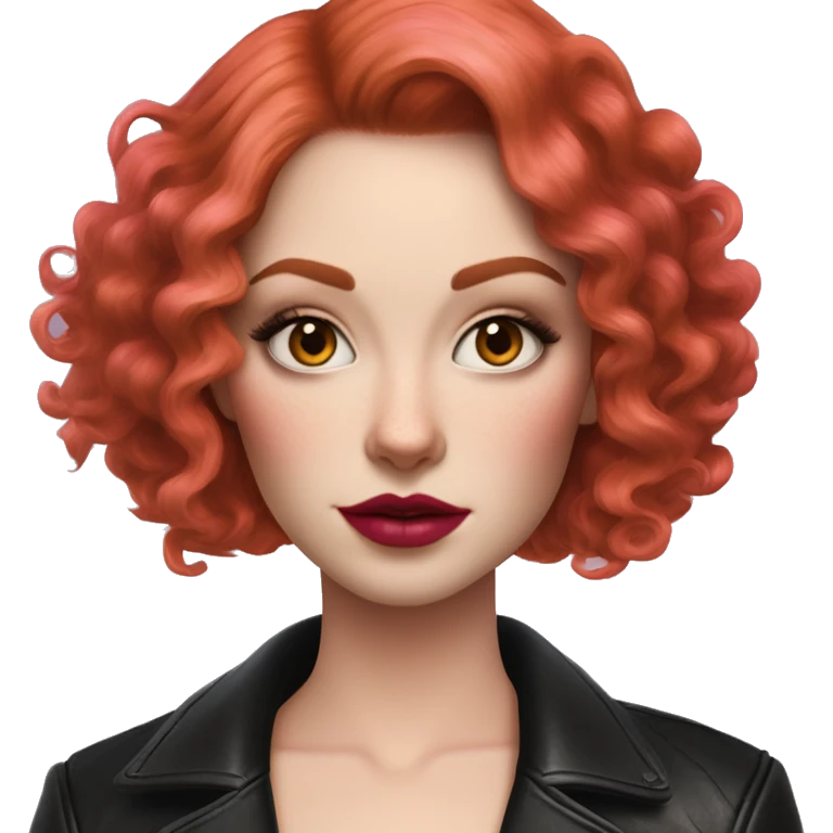 Woman with very pale skin, with bright red curly bob hair that is parted on the side, heavy eye makeup, cat eyeliner, long eyelashes, bright pink blush and bright pink lipstick.  Her eyebrows are dark, arched and very high. Wearing a leather jacket  emoji