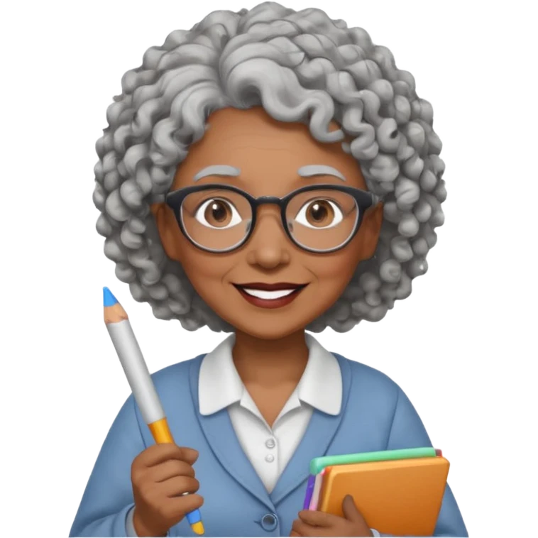 old woman teacher, brown skin, curly grey white hai, wearing glasses, hold chalk on hand emoji