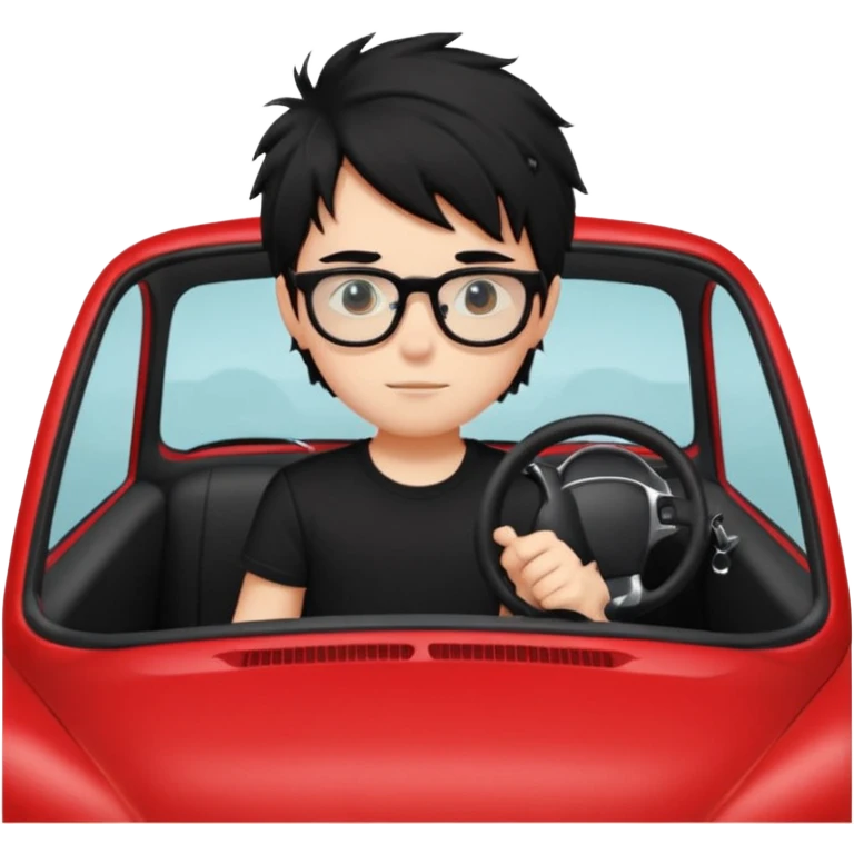 generate a pretty bratz fair skinned boy with black messy hair wearing a black tshirt driving a red car. Glasses on.  emoji