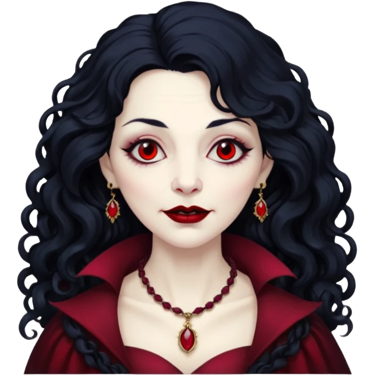 old Vampire lady Pale queen with ruby necklace, curly black long hair emoji