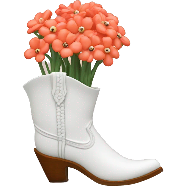 White cowgirl boot vase with coral sticking out of it emoji