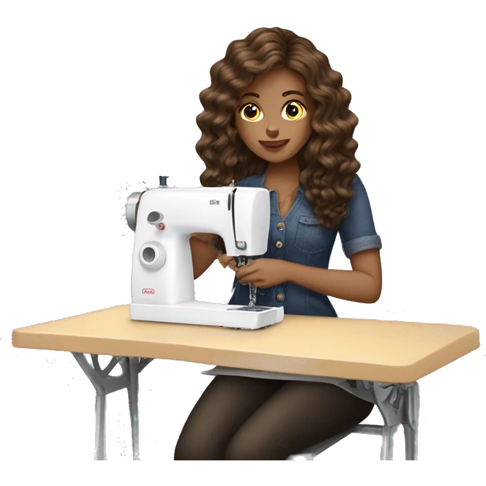Light skinned women with brunette medium long wavy hair sewing at a sewing machine  emoji
