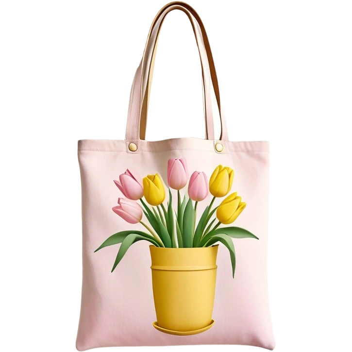 canvas tote bag with pastel tulips hanging out the top emoji