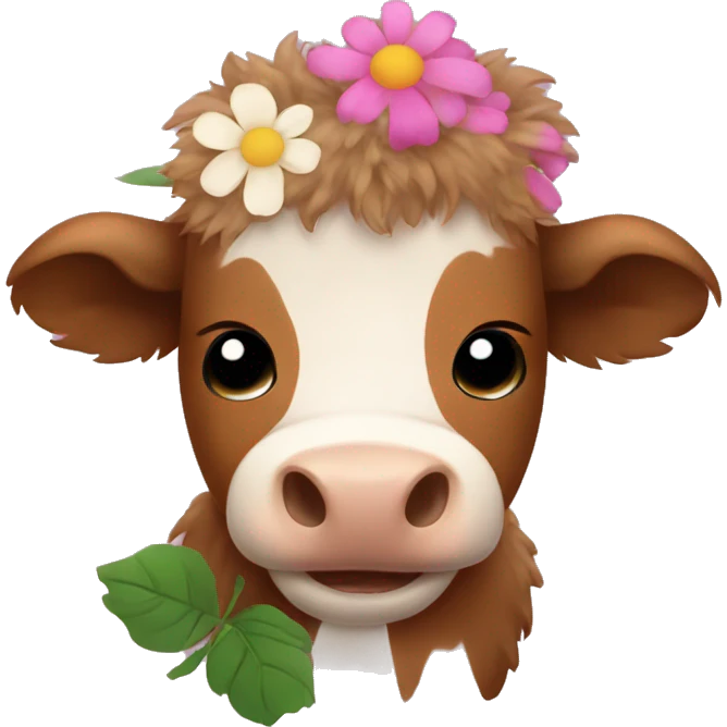 brown fluffy baby scottish cow with flowers emoji